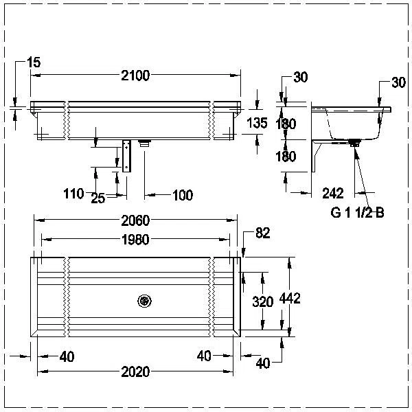 Waschrinne, PLANOX, Edelstahl, W.-Mont., 2100x210x442 mm, m. Arm-bank, PL21T