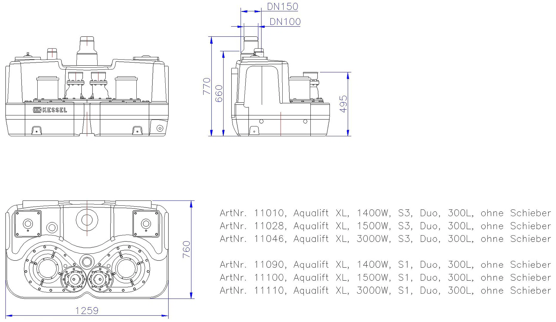 KESSEL-Doppelhebeanlage Aqualift F XL 3000W-S3 Duo 300L o.S.
