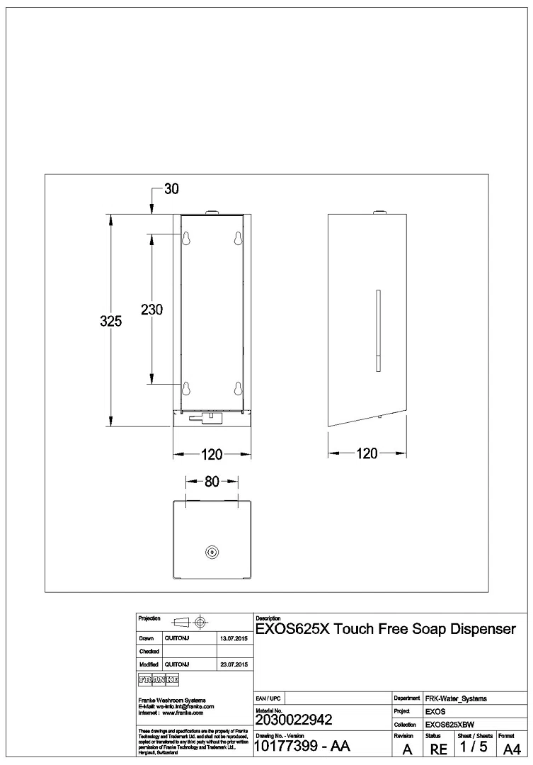 Seifensp., EXOS, elek., Edelstahl, Aufputz, 120x325x120 mm, EXOS625X