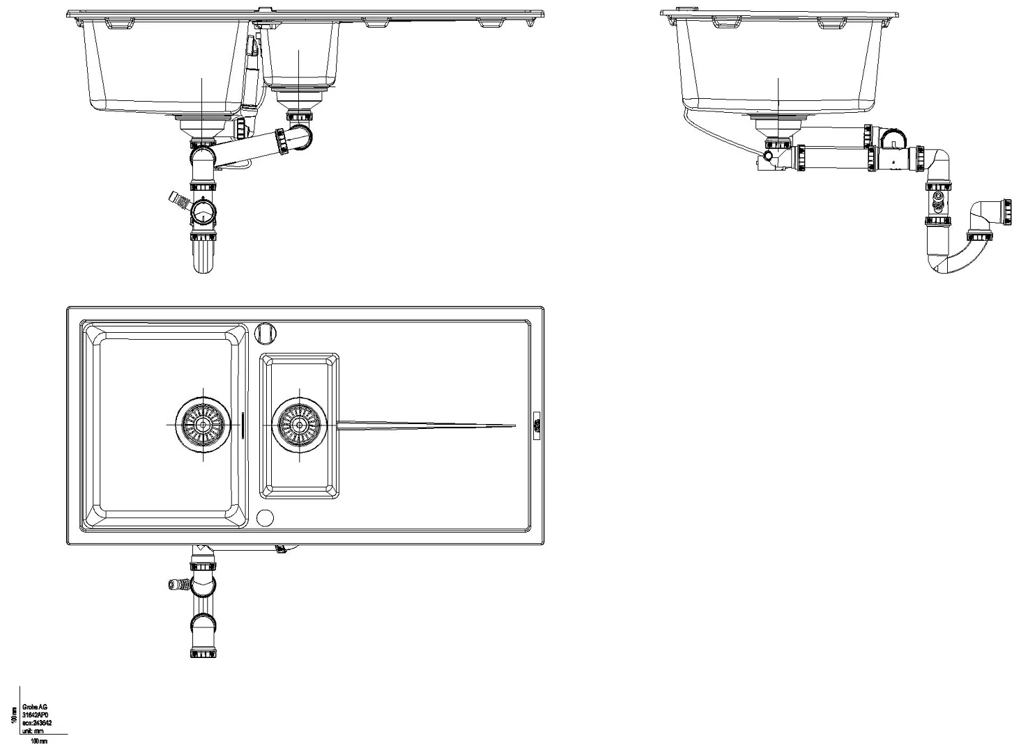 GROHE Kompositspüle K400 31642 1,5Becken 1000x500mm mit ATF re/li granit schwarz