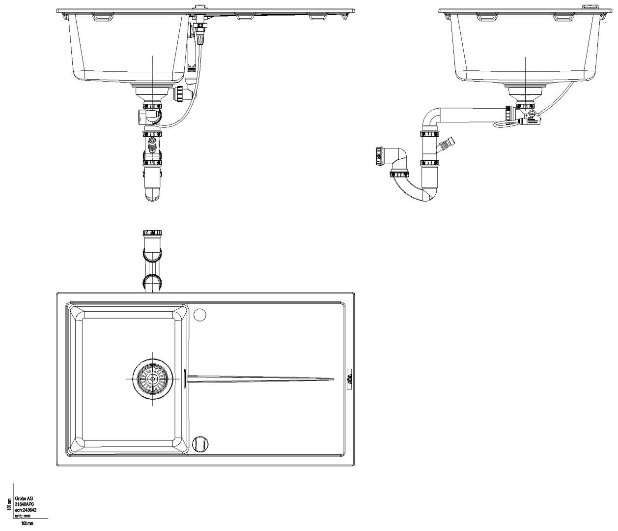 GROHE Kompositspüle K400 31640 1 Becken 860x500mm mit ATF re/li granit schwarz