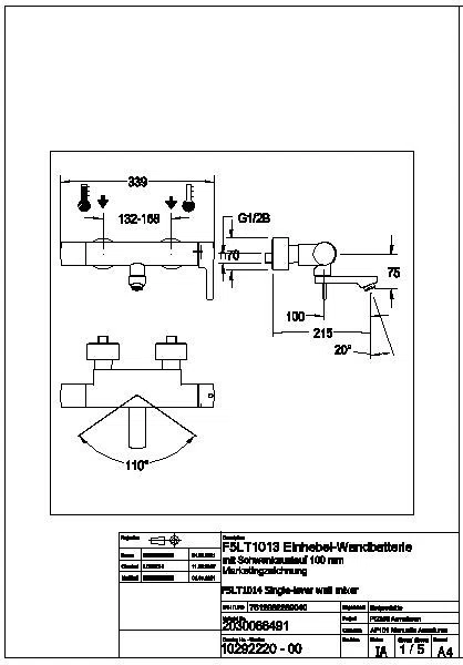 Thermostat-Wandbatterie, F5, EHM, Schwenkauslauf, 215 mm, Hygieneeinheit, F5LT1013
