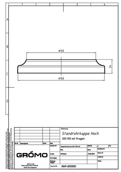 Zink Standrohrkappe ø120/150, #Art.Nr. 62850