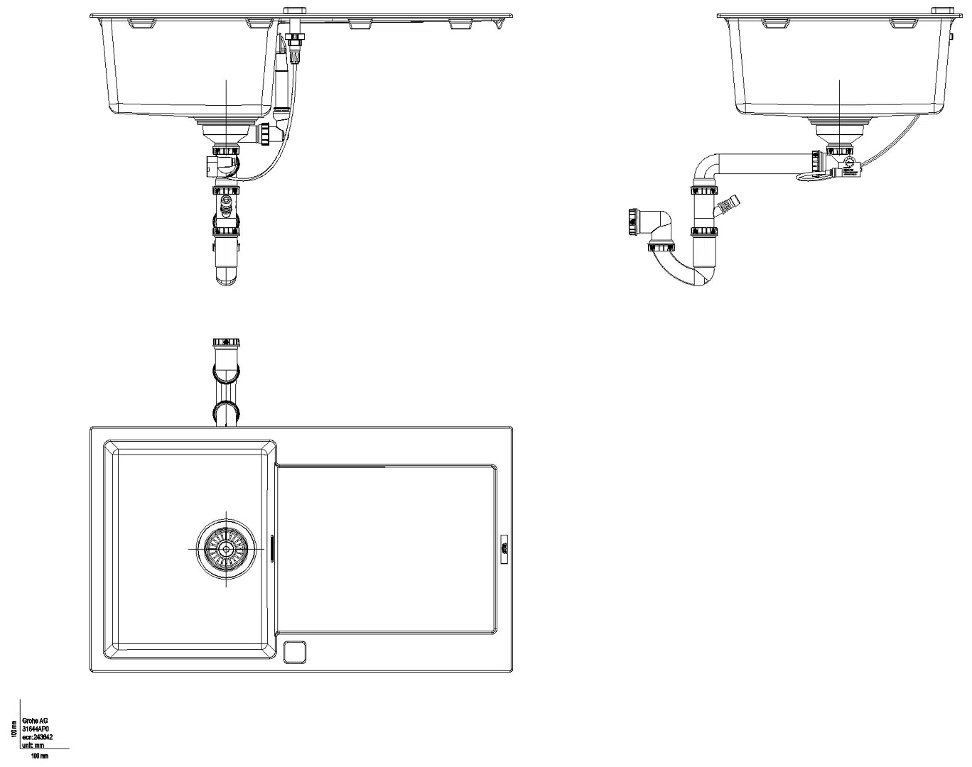 GROHE Kompositspüle K500 31644 1 Becken 860x500mm mit ATF re/li granit schwarz