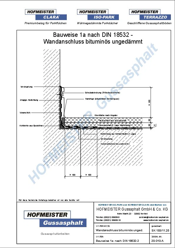 Gussasphalt Wandanschlussdetail - bituminös ungedämmt, zwei lagig