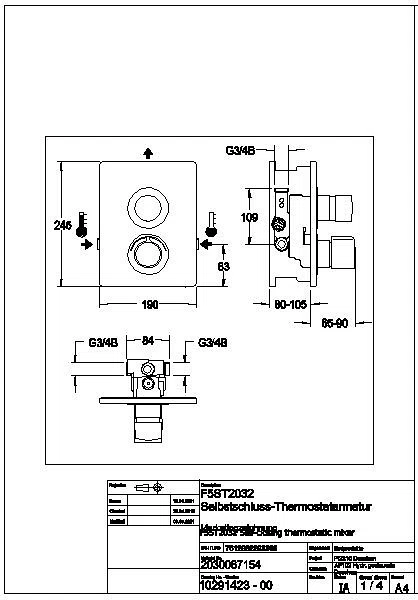 Duscharmatur, F5, hydr., Thermostat, UP, F-Set, Hygieneoption, 2xBypass, F5ST2032