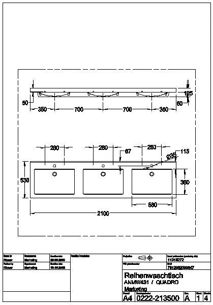 Reihenwaschtisch, QUADRO, MIRANIT, 2100x125x530 mm, 3 Mulden re-eckig, Hl., ANMW431