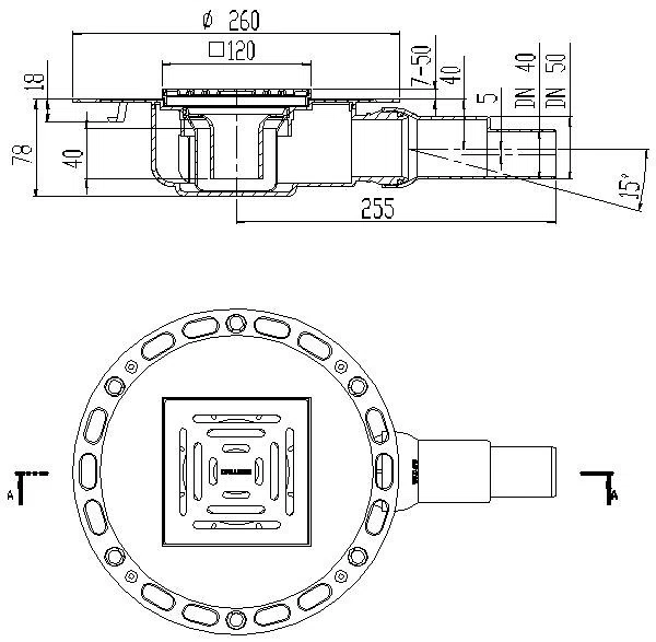 DALLMER Bodenablauf TistoPlan K 12, DN 40/DN 50, 120 x 120 mm