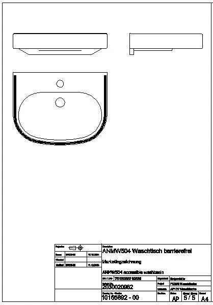 Waschtisch, VARIUScare, MIRANIT, 450x120x350 mm, barr-frei, Farbstreifen, ANMW504