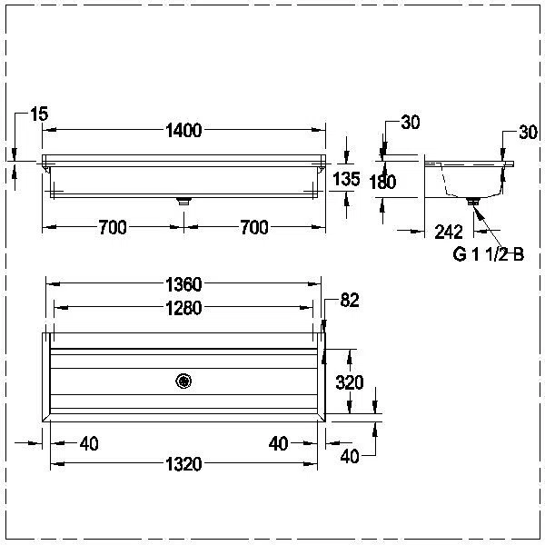 Waschrinne, PLANOX, Edelstahl, W.-Mont., 1400x210x442 mm, m. Arm-bank, PL14T