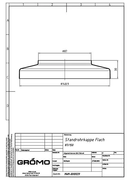 Zink Standrohrkappe ø87/150 flach, #Art.Nr. 62712