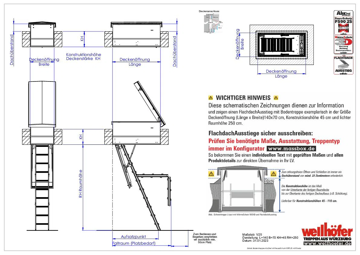 FlachdachAusstieg mit Bodentreppe AluDrei FeuerSchutz FS90 2S WärmeSchutz WS3D