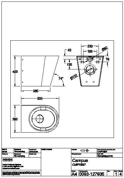 T-WC, CAMPUS, Edelstahl, wandhängend, 360x400x500 mm, ohne Sitz, S. bodenlang, CMPX597