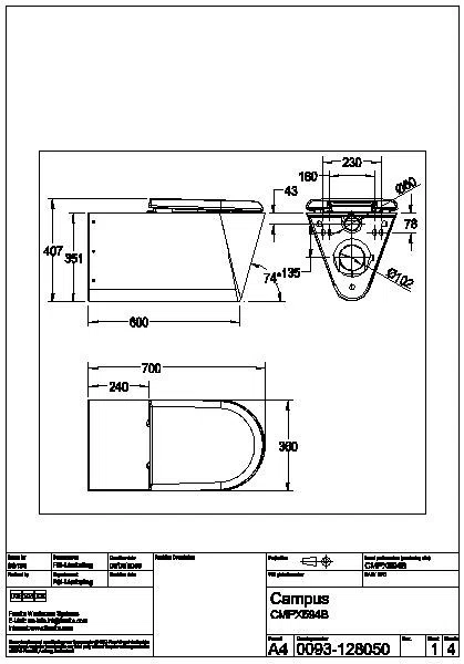 T-WC, CAMPUS, Edelstahl, wandhängend, 360x407x700 mm, Sitz schw, barrierefrei, CMPX594BN