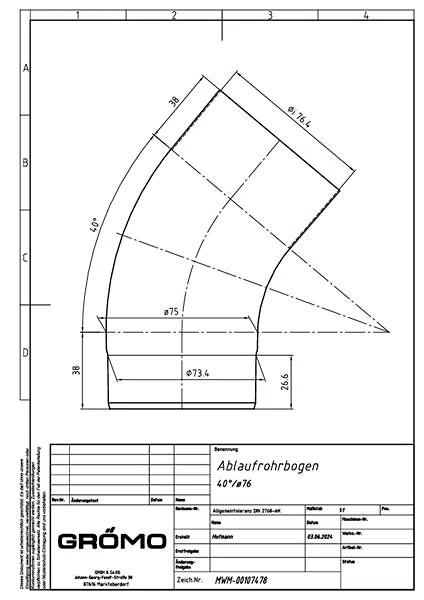 Kupfer Rohrbogen 40° ø76, #Art.Nr. 60009