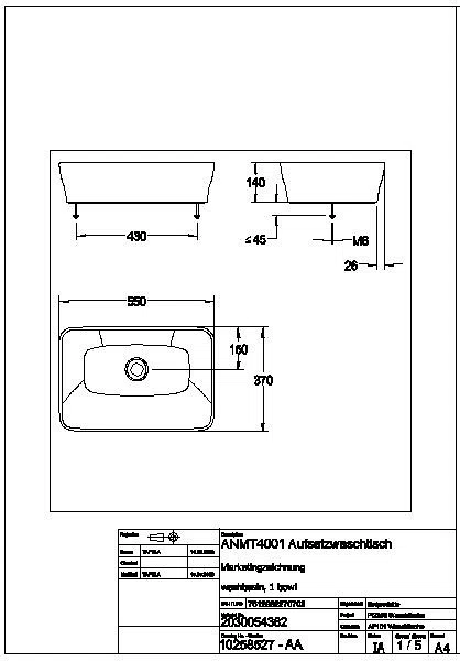 Aufsatz-WT, QUADROtop, MIRANIT, 550x140x370 mm, re-eckig, integr. Dicht., ANMT4001