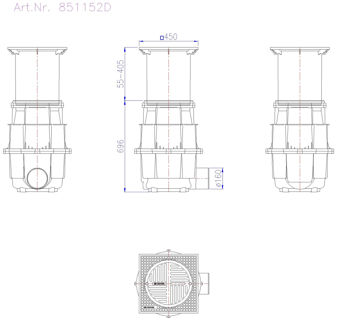 KESSEL-Hofablauf System 400 DN150,seitl., Klasse D, T: 730-1080