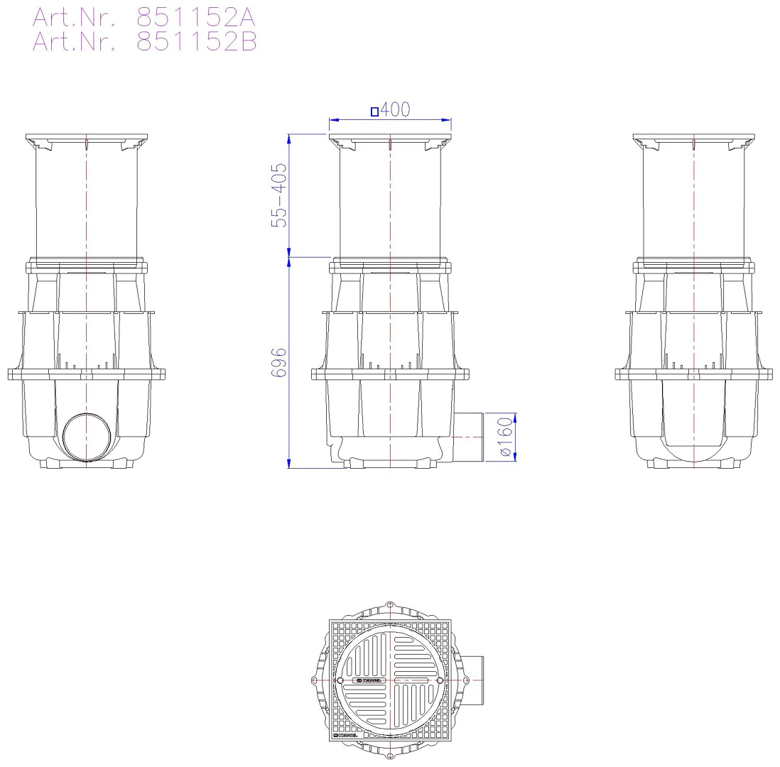 KESSEL-Hofablauf System 400 DN150,seitl., Klasse A, T: 730-1080