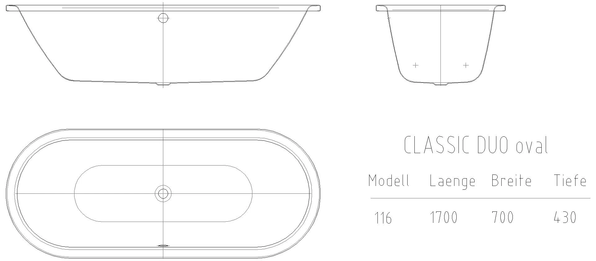 KALDEWEI CLASSIC DUO OVAL Badewanne, 1700x700 mm, Modell-Nr: 116