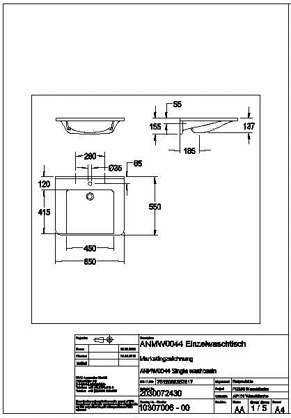 Einzelwaschtisch, MEDCARE, MIRANIT, 650x150x550 mm, weiß, Hahnloch, ANMW0044