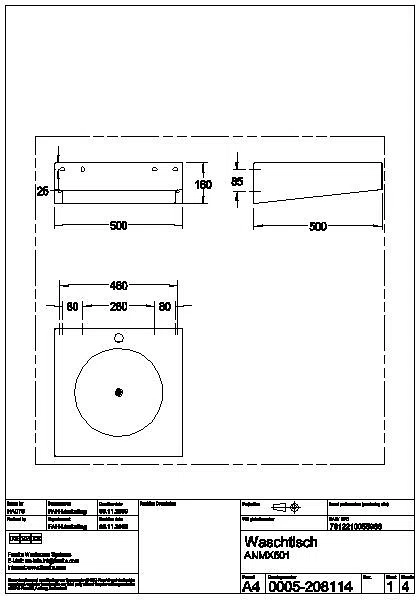 Einzelwaschtisch, ANIMA, Edelstahl, 500x160x500 mm, mit Hahnloch, ANMX501