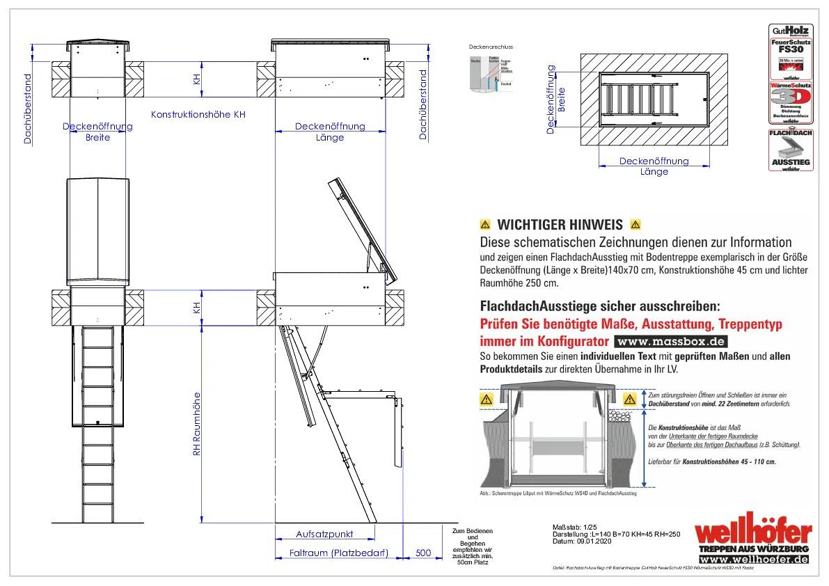 FlachdachAusstieg mit Bodentreppe GutHolz FeuerSchutz FS30 WärmeSchutz WS3D