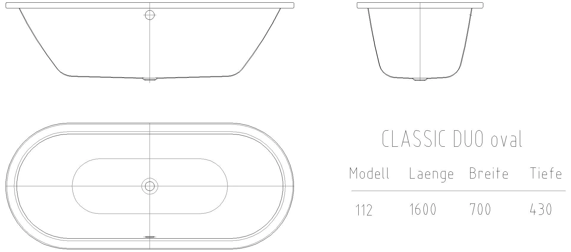 KALDEWEI CLASSIC DUO OVAL Badewanne, 1600x700 mm, Modell-Nr: 112