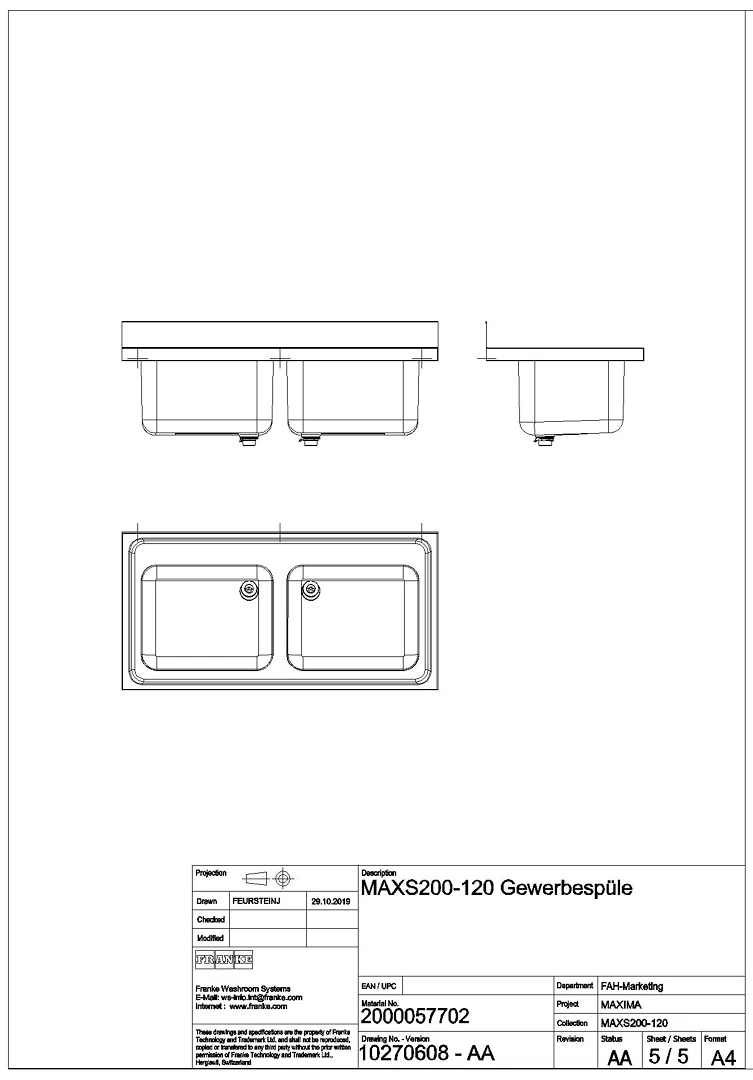 Gewerbespüle, MAXIMA, Edelstahl, 2 Becken, 1200x432x600 mm, MAXS200-120