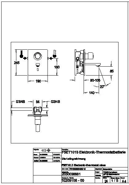 Wascharmatur, F5, elek., Thermostat, UP, F-Set, Ausld. 140mm, 6l, f. Netzteil, F5ET1013