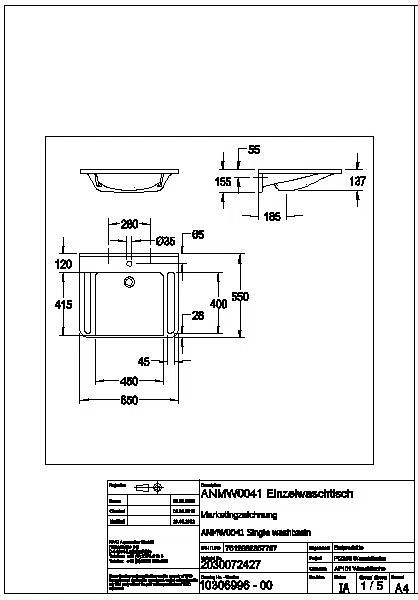 Einzelwaschtisch, MEDCARE, MIRANIT, 650x150x550 mm, weiß, Hahnloch, Griff, ANMW0041