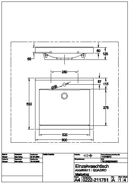 Einzelwaschtisch, QUADRO, MIRANIT, 600x125x530 mm, Mulde re-eckig, Hahnloch, ANMW411