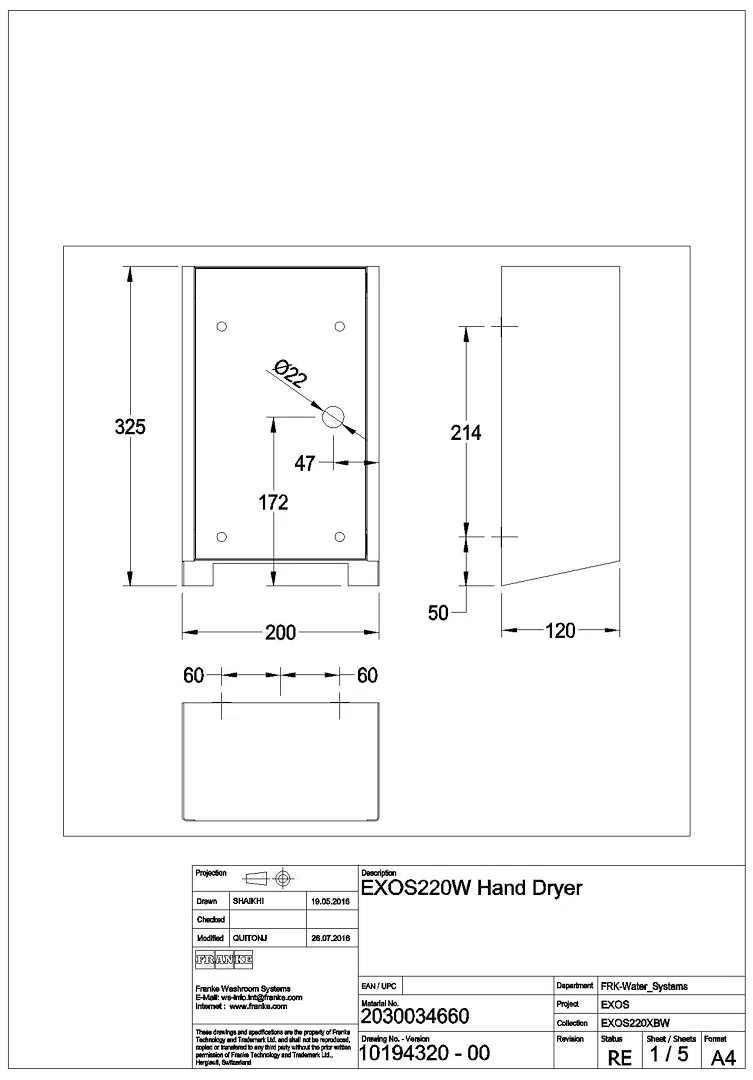 Händetrockner, EXOS, Edelstahl, IR, 200x325x120 mm, Front ESG weiß, 230 V, EXOS220W