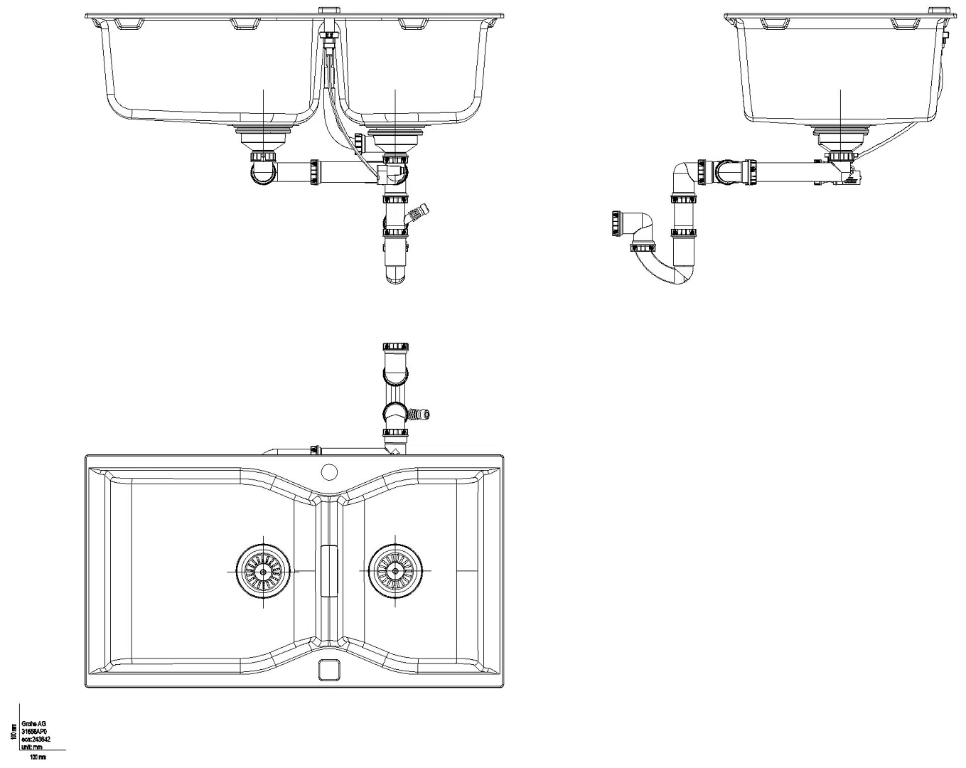 GROHE Kompositspüle K700 31658 2 Becken 900x500mm granit schwarz
