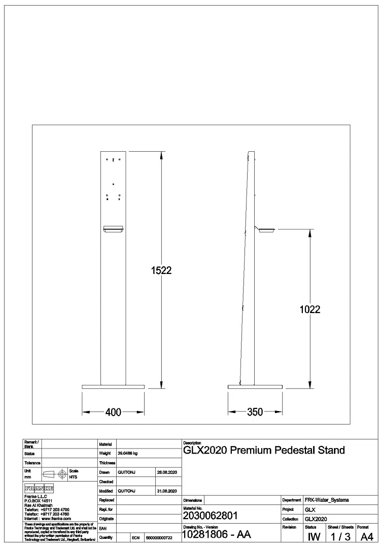 Spendersäule, Edst., 400x1522x350 mm, freistehend, GLX2020