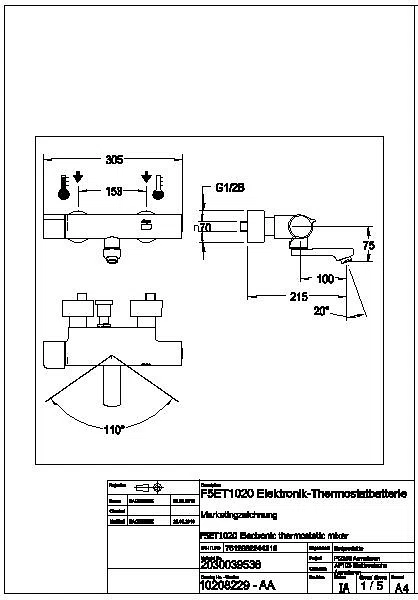 Wandbatterie, F5, elek., Thermostat, Schwenkauslauf, 215 mm, TD, f. Netzteil, F5ET1020