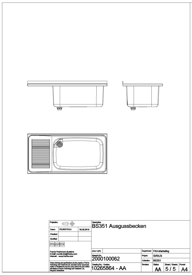 Mehrzweckbecken, SIRIUS, Edelstahl, 1100x357x550 mm, Tropfteil links, BS351
