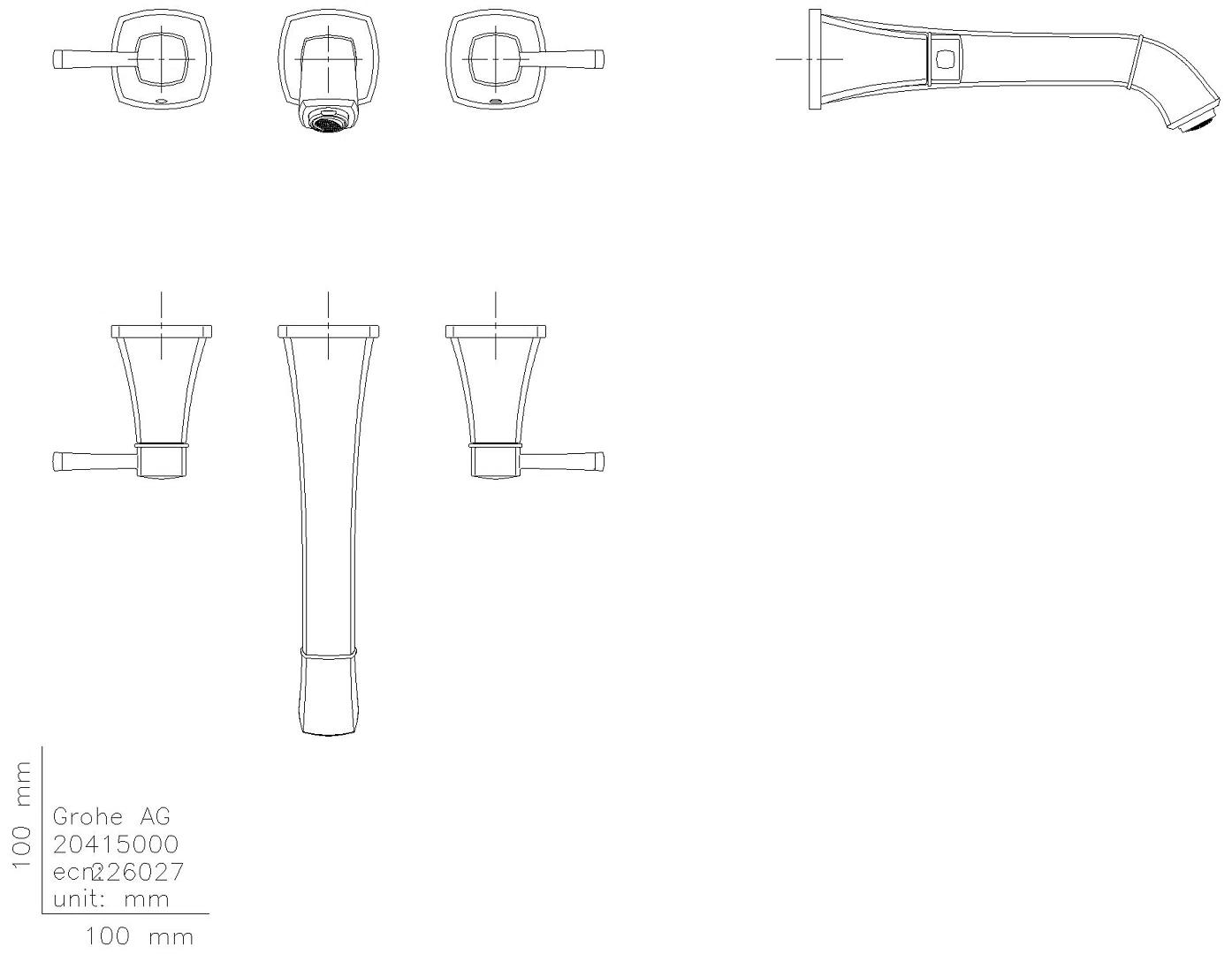 GROHE 3-Loch-WT-Batterie Grandera 20623 Wandmontage FMS Ausl. 234mm chrom/gold