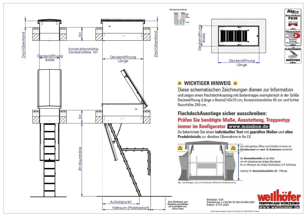 FlachdachAusstieg mit Bodentreppe AluDrei FeuerSchutz FS30 WärmeSchutz WS3D