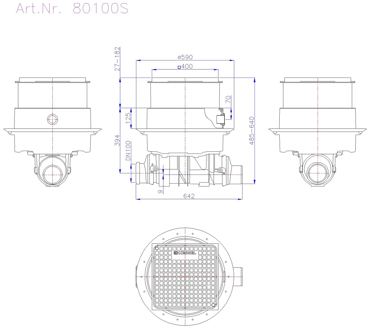 KESSEL-Reinigungsrohr Controlfix DN100, für Bodenplatte, Abdeck. schwarz
