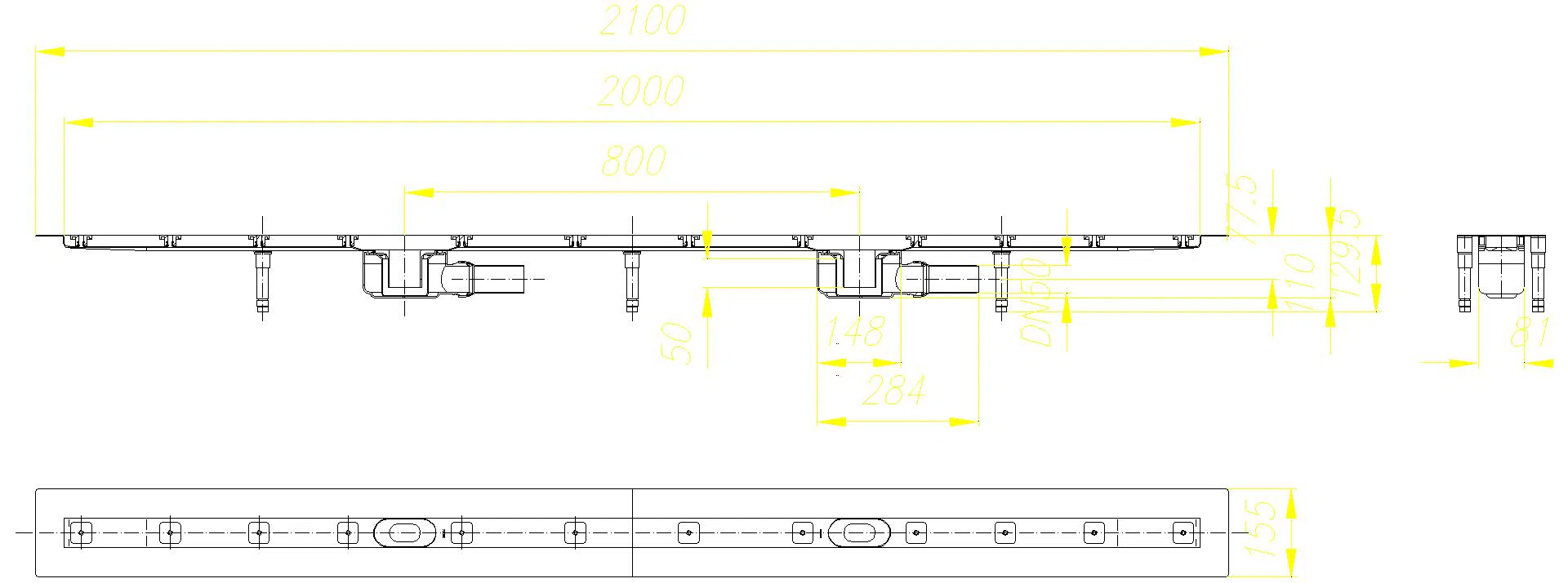 DALLMER Duschrinne CeraLine F Duo 2000 mm, DN 50