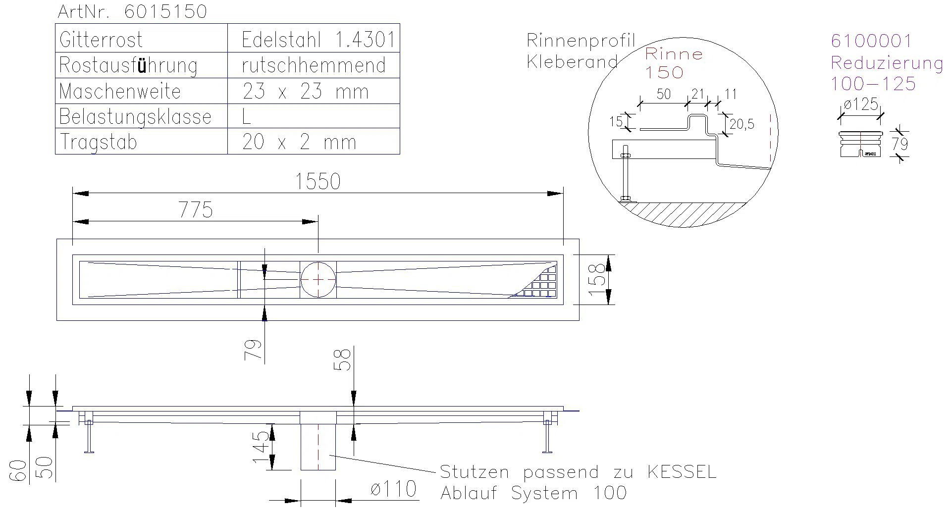 KESSEL-Kastenrinne Ferrofix Klebeflansch H: 15 mm, 153 x 1511 mm