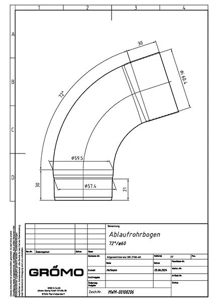 GRÖMO ALUSTAR Rohrbogen - TX - Hellgrau 72° ø60, #Art.Nr. 88503