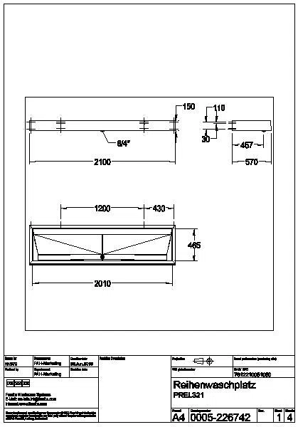 Reihenwaschanlage, PRESTIGE, Edst., 2100x150x570 mm, 3 Waschplätze, PREL321