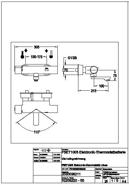 Wandbatterie, F5, elek., Thermostat, Schwenkauslauf, 215 mm, f. Netzteil, F5ET1005