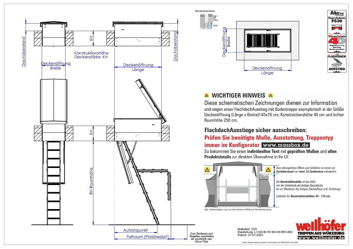 FlachdachAusstieg mit Bodentreppe AluDrei FeuerSchutz FS30 WärmeSchutz WS4D
