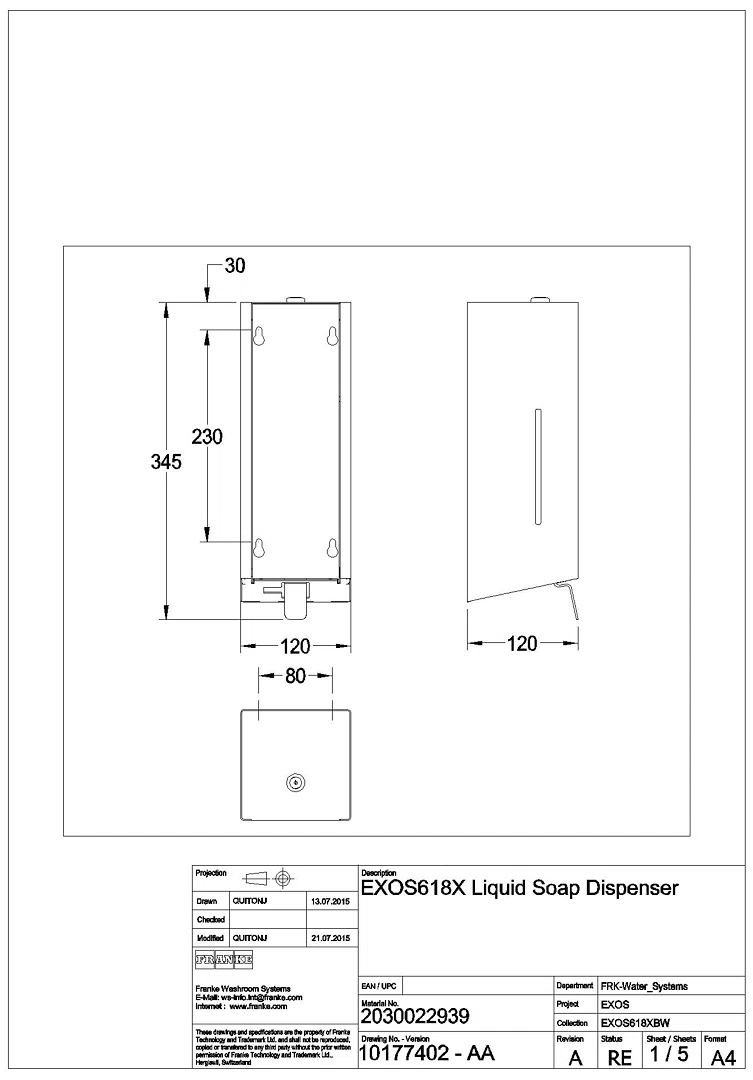 Seifenspender, EXOS, Edelstahl, Aufputz, 120x345x120 mm, EXOS618X
