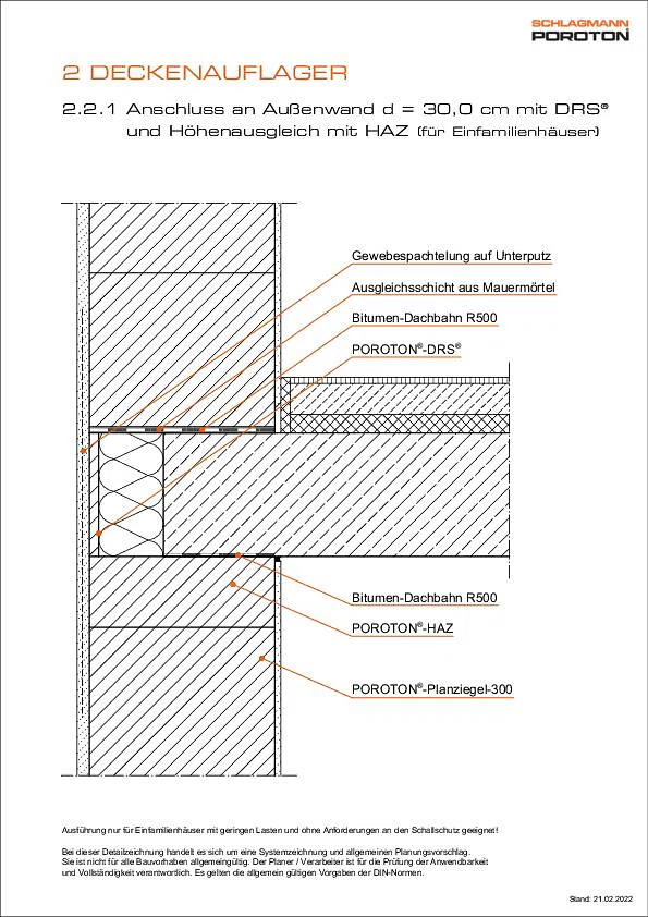 Deckenauflager mit POROTON®-HAZ und -DRS®, AW d = 30 cm