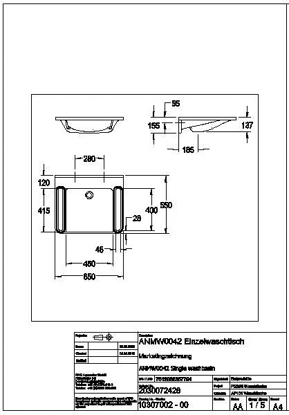 Einzelwaschtisch, MEDCARE, MIRANIT, 650x150x550 mm, weiß/grau, Griff, ANMW0042