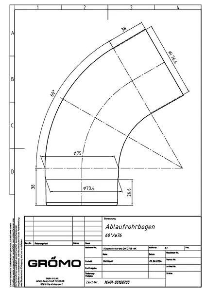 Zink Rohrbogen 60° ø76, #Art.Nr. 62026