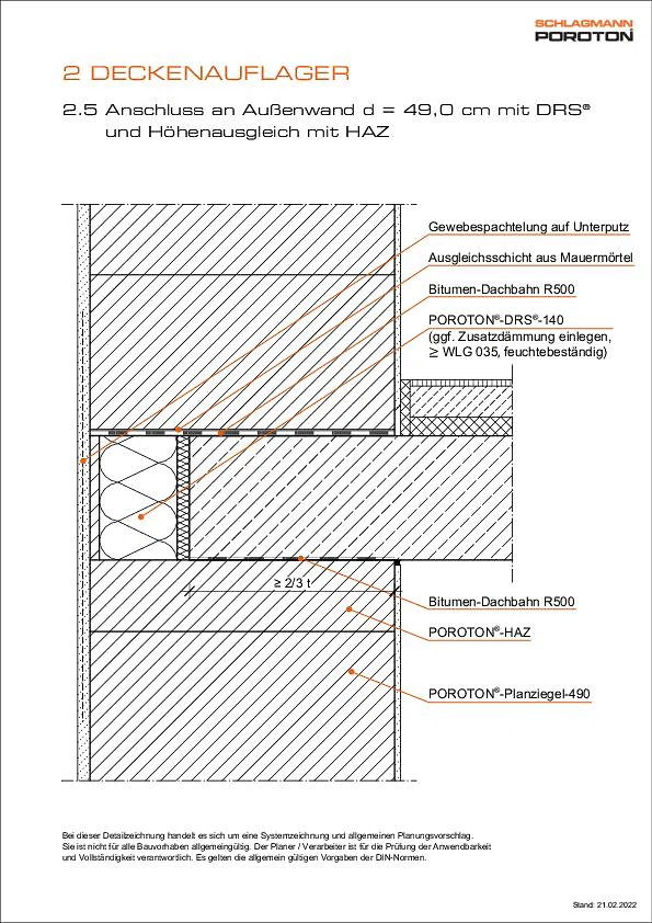Deckenauflager mit POROTON®-HAZ und -DRS®, AW d = 49 cm